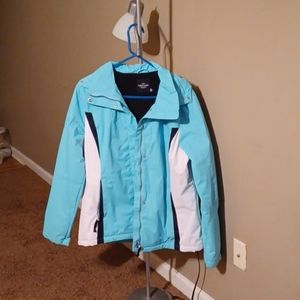 Light blue and white coat, with hood, worn twice